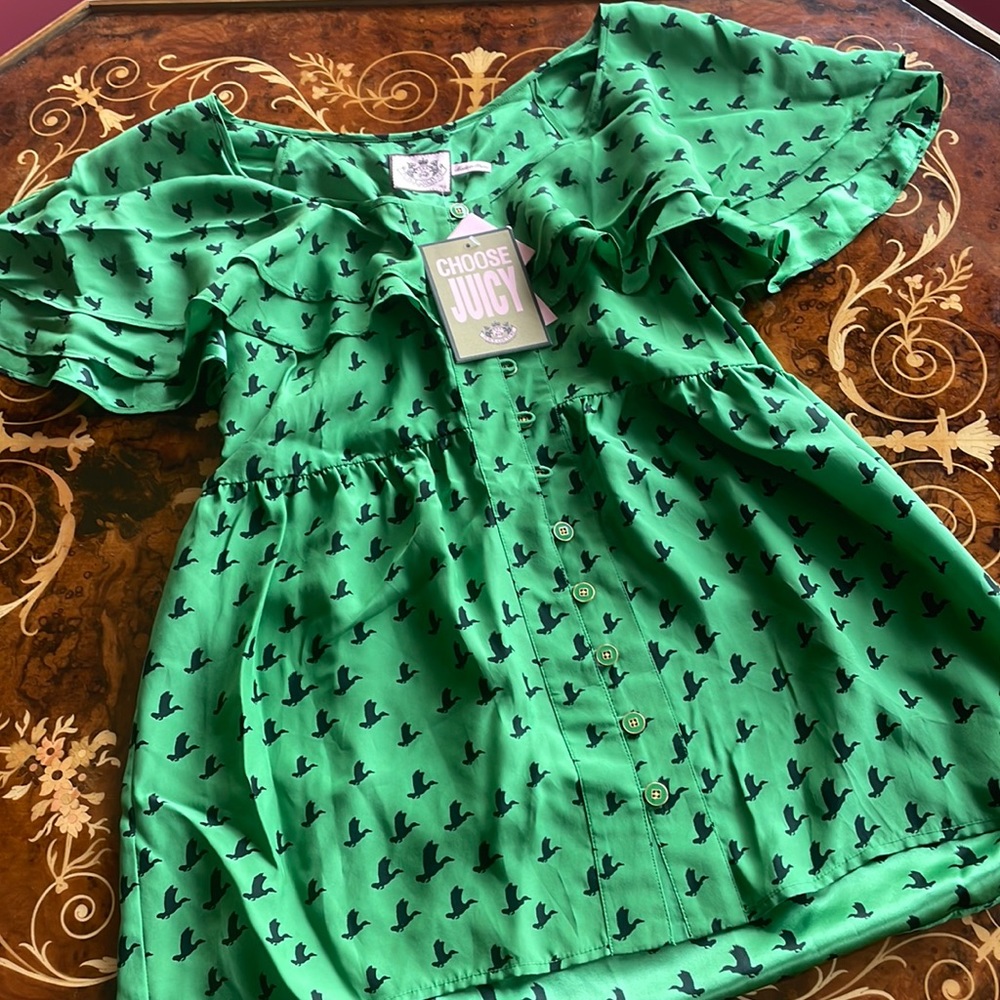 JUICY COUTURE sz8 Mallard duck flutter sleeve blouse top button down shirt SILK